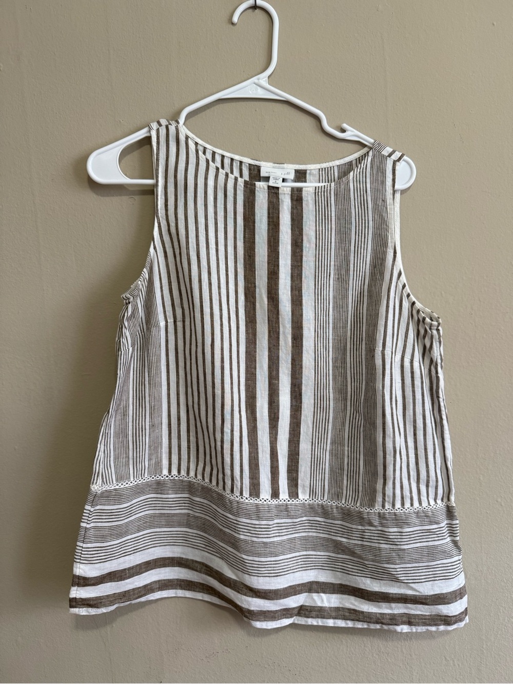 J. Jill Striped Sleeveless Linen Blend Tank Top - White & Brown. Small Petite